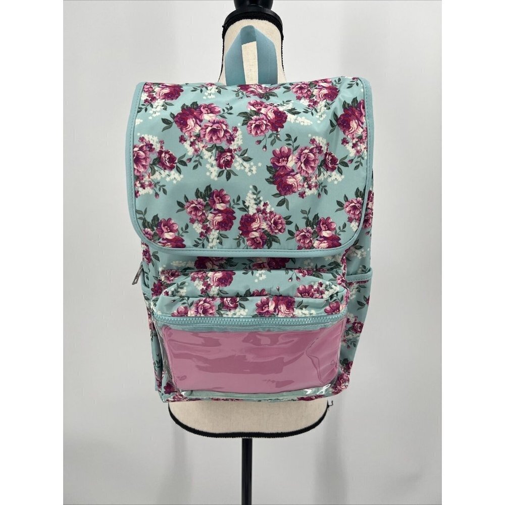 No Boundaries Nylon Flap Backpack Clear Vinyl Pocket Mint Floral NWT 16" deep
